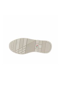 Semelle en caoutchouc de couleur beige clair avec une surface texturée, présentant un motif de traction, un logo de marque et un indicateur de taille.
