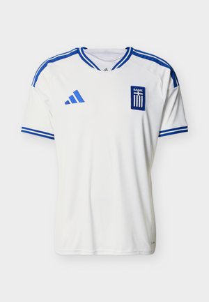 White soccer jersey with blue stripes on shoulders and sleeves, Adidas logo on right chest, and Greek flag emblem on left chest.
