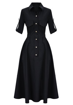 Czarna sukienka z guzikami z krótkimi rękawami, dwoma kieszeniami na piersi, rozkloszowanym dołem i złotymi guzikami z przodu. Gładki bawełniany materiał.
