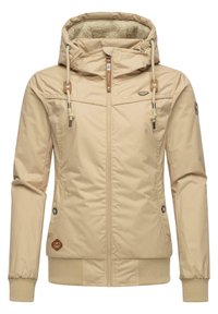 Beige jas met een zachte, gestructureerde voering van de capuchon, ritssluiting, verstelbare trekkoorden en decoratieve knopen op de voorkant en mouwen.