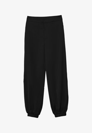 Pantalon noir à coupe ample avec poignets élastiques et taille ajustée, devant plat, sans poches visibles ni ornements.