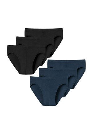 Three black and three navy blue men's cotton briefs arranged in two rows on a white background.