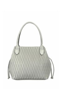 Sac à main tissé gris avec deux poignées arrondies, corps texturé présentant des motifs en vagues verticales, et accents à cordon de serrage sur les côtés.