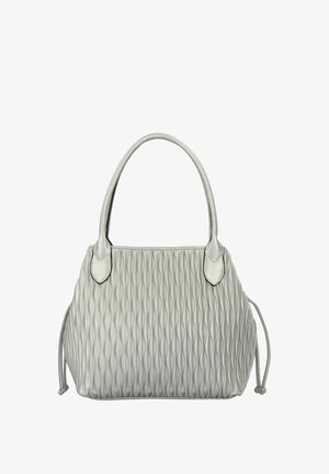 Sac à main tissé gris avec deux poignées arrondies, corps texturé présentant des motifs en vagues verticales, et accents à cordon de serrage sur les côtés.