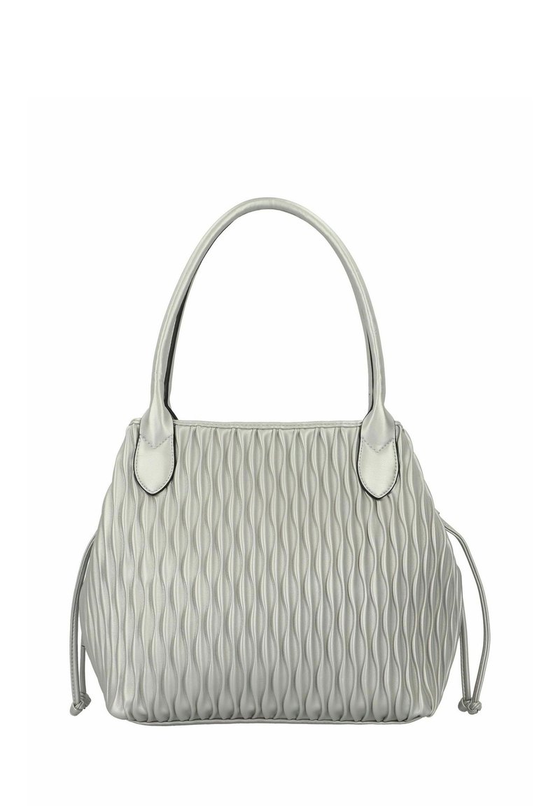 Sac à main tissé gris avec deux poignées arrondies, corps texturé présentant des motifs en vagues verticales, et accents à cordon de serrage sur les côtés.