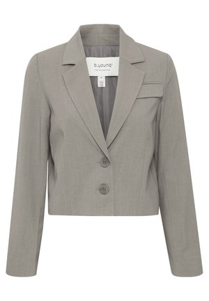 Grå kort blazer med snibbkrage, två framskjutna knappar och en ficka på vänster sida. Slät tyg med en subtil struktur.