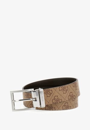 Brown patterned leather belt with a silver metal buckle and accent. Features a smooth texture on one side and a decorative design on the other.