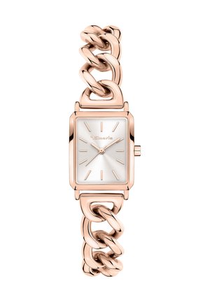 Roségoldene Uhr mit rechteckigem Zifferblatt, silbernem Ziffernblatt und Gliedarmband-Design. Verfügt über minimalistische Stundenmarkierungen und Tamaris-Branding.