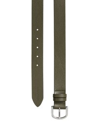 Olijfgroene leren riem met een gestructureerde afwerking, met vijf gaatjes voor aanpassing en een zilveren metalen gesp.