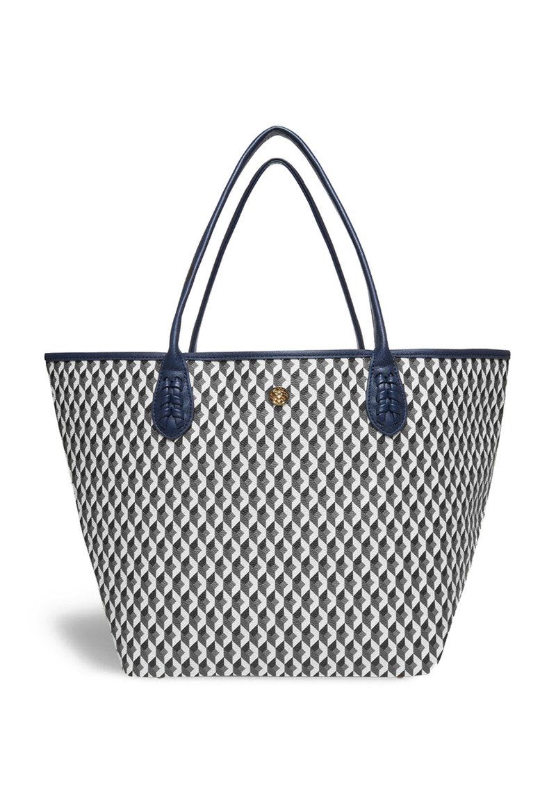 Tote torba s geometrijskim crno-bijelim uzorkom, mornarskim kožnim detaljima, dvostrukim dugim ručkama i zlatnim logotipom sprijeda.