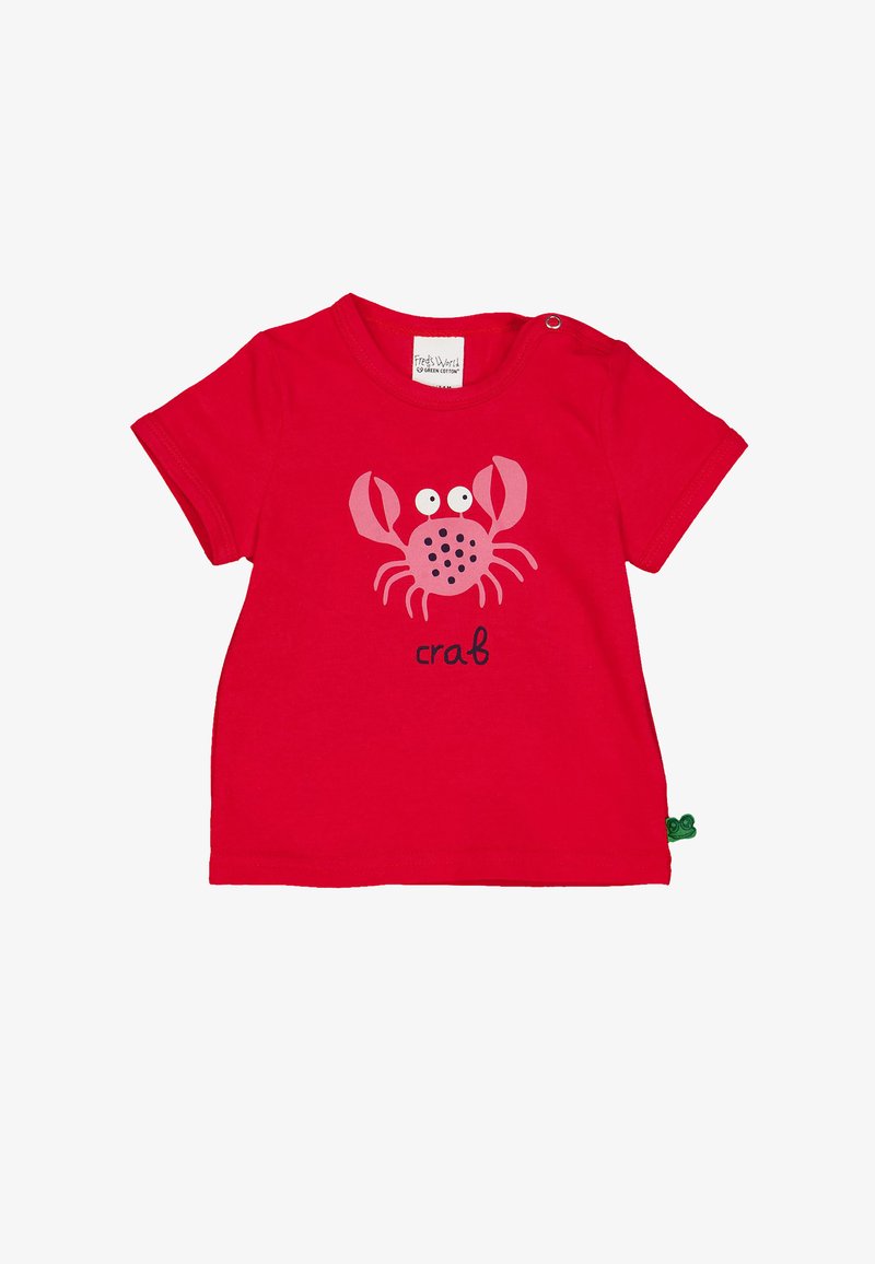 Červené bavlněné tričko s grafikou růžové krabice, která má oči, tečky a slovo "krab" pod ní. Zapínání na patentky na rameni.