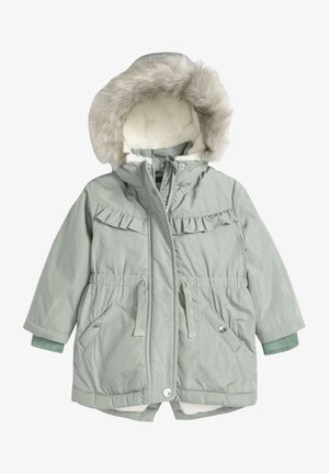 Parka invernale grigio chiaro per bambini con cappuccio in pelliccia sintetica, vita elastica, tasche frontali con bottoni e polsini interni verdi.