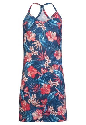 Robe bleu marine sans manches avec des fleurs d’hibiscus roses et rouges et des feuilles tropicales vertes, avec de fines bretelles croisées dans le dos.