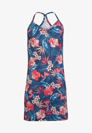 Robe bleu marine sans manches avec des fleurs d’hibiscus roses et rouges et des feuilles tropicales vertes, avec de fines bretelles croisées dans le dos.