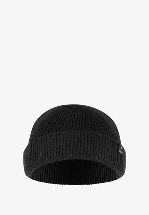 Berretto in maglia nera con texture a coste. Presenta un orlo piegato e un piccolo tag logo laterale. Progettato per calore e comfort.