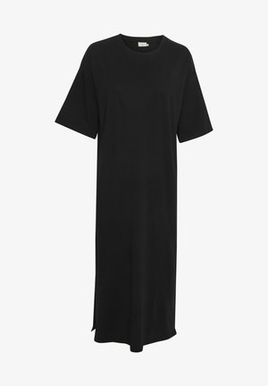 Robe noire jusqu'au genou en tissu doux, avec un col rond, des manches courtes et des fentes latérales pour le confort et la liberté de mouvement.