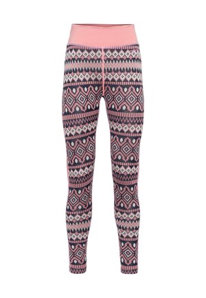 Bunte gemusterte Leggings mit einem weichen rosa Taillenbund, die geometrische Designs in Rosa, Marineblau und Weiß auf dem Stoff zeigen.