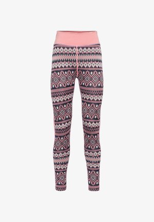 Colorful patterned leggings with a soft pink waistband, featuring geometric designs in pink, navy, and white across the fabric.