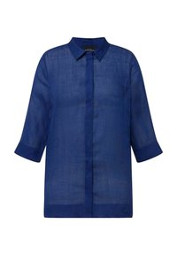 Mörkblå linneskjorta med krage, trekvartsärmar och rak passform, med en knäppning framtill och subtil struktur.