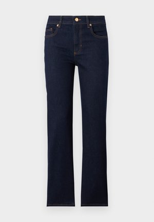 Jean en denim bleu foncé avec une coupe droite, ornés d'un bouton doré et de surpiqûres orange. Comprend des poches avant et une ceinture classique.