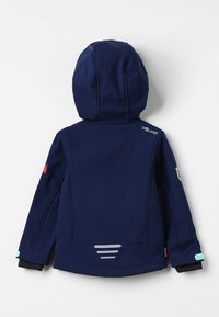Navy hooded jacket made of soft fabric; features a sturdy design, reflective accents, and a black inner lining. Tag on the left sleeve.