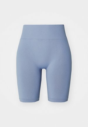 Lys blå sykkelshorts med høy elastisk midje. Glatt tekstur, tettsittende design og midt-lår lengde. Ingen mønstre eller detaljer.