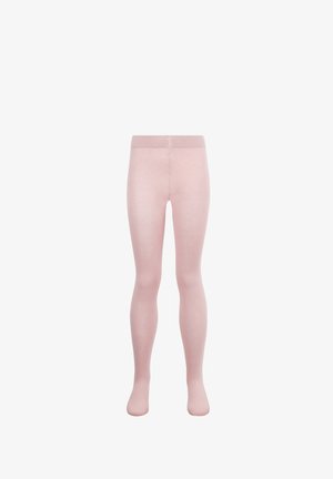 Lyserøde strømpebukser med en glat tekstur, i fuld længde og med elestisk talje. Enkel design, ingen mønstre eller dekorationer.