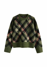Green wool sweater with black, beige, and pink large plaid pattern, ribbed cuffs, hem, and crew neck collar.
