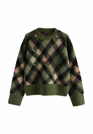 Green wool sweater with black, beige, and pink large plaid pattern, ribbed cuffs, hem, and crew neck collar.
