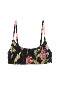 Czarny bikini top w kwiatowym wzorze z marszczonym wykończeniem, z różowymi i zielonymi motywami florystycznymi. Cienkie, regulowane ramiączka, miękka tekstura materiału.