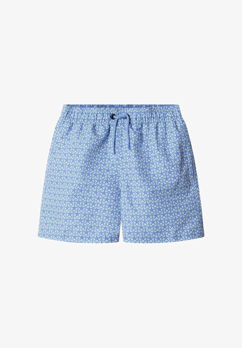 Shorts de bain bleu clair avec un motif géométrique blanc et violet, taille élastique, cordon de serrage et poches latérales.