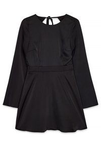 Robe noire à manches longues avec un col rond, corsage ajusté et jupe évasée ; dotée d'une fermeture en forme de trou de serrure au dos et d'une texture de tissu lisse.