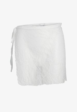 Hvit blondesjal skjørt med blomsterpattern og knytning i siden, knelangt, lett og semitransparent stoff.