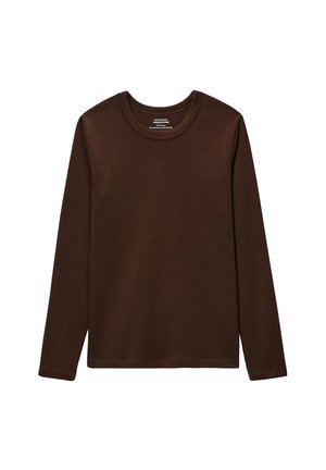 T-shirt long à manches avec col rond, de couleur marron foncé, placé à plat sur un fond blanc.