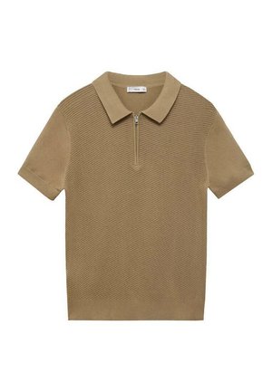 Polo-shirt à manches courtes beige avec un col zippé, mettant en avant un design en tricot texturé et un ourlet lisse. Confectionné dans un tissu doux.