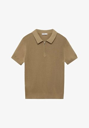 Tan short-sleeve polo shirt with a zippered collar, featuring a textured knit design and smooth hem. Constructed from a soft fabric.