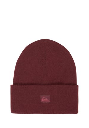 Maroon knit beanie with folded cuff and small rectangular logo patch on front center.