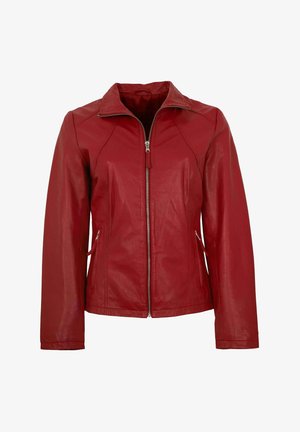 Red leather jacket featuring a zip front, stand-up collar, and side pockets. Smooth texture with seam detailing on shoulders and sides.