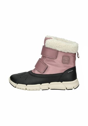 Schwarze und rosa wasserdichte Knöchelstiefel mit einem Futter aus Kunstpelz, ausgestattet mit zwei verstellbaren Klettverschlüssen und einer strukturierten Gummisohle.