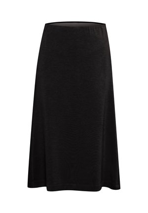 Črna krilo A-oblika, dolžine do kolen, z gladko teksturo in majhnim subtilnim logotipom blizu pasu na levi strani.