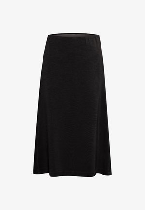 Schwarzer knielanger A-Linien-Rock mit glatter Textur und kleinem, unauffälligem Logo nahe dem Taillenbund auf der linken Seite.