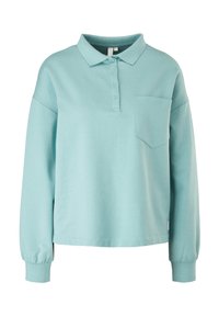 Camisa polo de manga larga en azul claro, con cuello, tapeta de tres botones y un bolsillo en el pecho. Fabricada con una suave mezcla de algodón.