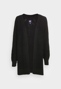 Černý pletený kardigan s volným, otevřeným předním dílem, žebrovanými manžetami a strukturovanou látkou. Štítek je zobrazen uvnitř výstřihu.