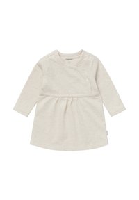 Lys beige langærmet kjole lavet af blødt stof. Har buet udskæring, omslag foran med knaplukning og samlet skørt.