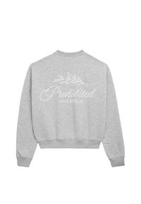 Felpa grigia con colletto rotondo, polsini e orlo ribattuti, con testo bianco e grafica di foglia sul retro.