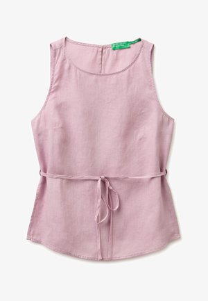Mouwloos lichtpaars linnen topje met ronde hals en dunne taillestrook, met label "United Colors of Benetton."