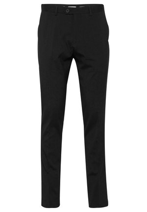 Pantalones negros con un diseño de pierna recta, hechos de una tela suave. Presentan un cierre de botón y trabillas para el cinturón, sin patrones o acentos visibles.