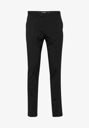 Zwarte broek met een recht ontwerp, gemaakt van een gladde stof. Bevat een knoopsluiting en riemlussen, zonder zichtbare patronen of accenten.