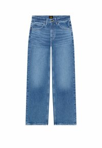 Jeans de mezclilla de corte ancho en un azul claro, con cinco bolsillos, cierre de cremallera, herrajes dorados y detalles de desgastado sutil en la parte frontal y trasera.