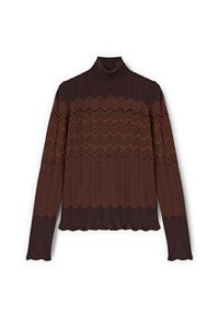 Maglione a collo alto lavorato a maglia marrone con motivo a zigzag in marrone scuro e arancione. Presenta una texture a coste e un bordo ondulato. Maniche lunghe.